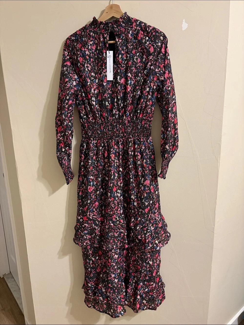 Long-Sleeve Floral Midi Dress with Smocked Waist in Pink on Black - Picture 3 of 5